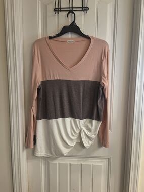 Simple Pink, Brown & White Long Sleeve V-Neck Top with Front Twist
